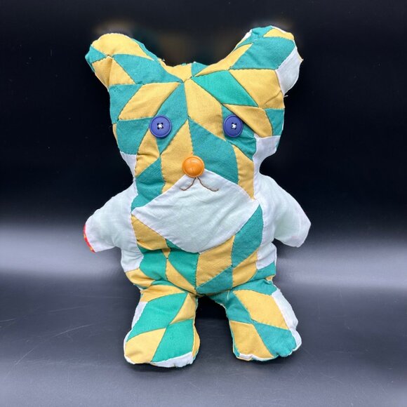 Handmade Patchwork Teddy Bear Button Eyes Noses Green Yellow Kitschy Retro - Picture 1 of 8